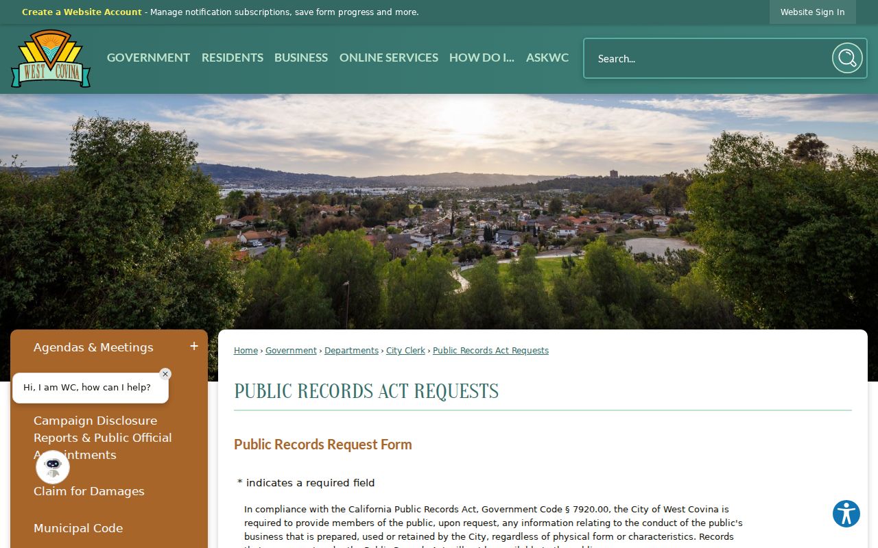 West Covina residents directory public-record request form